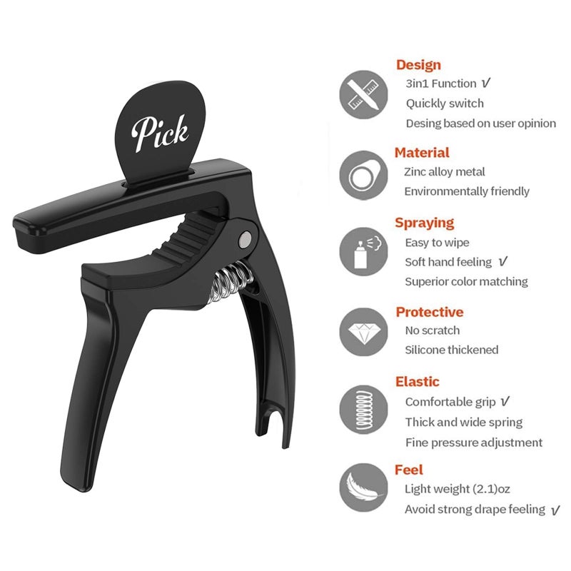 TANMUS 3in1 Guitar Capo for Acoustic and Electric Guitars,2 Pack(with Pick Holder and 6Picks),Ukulele,Strings Accessories - Image 2